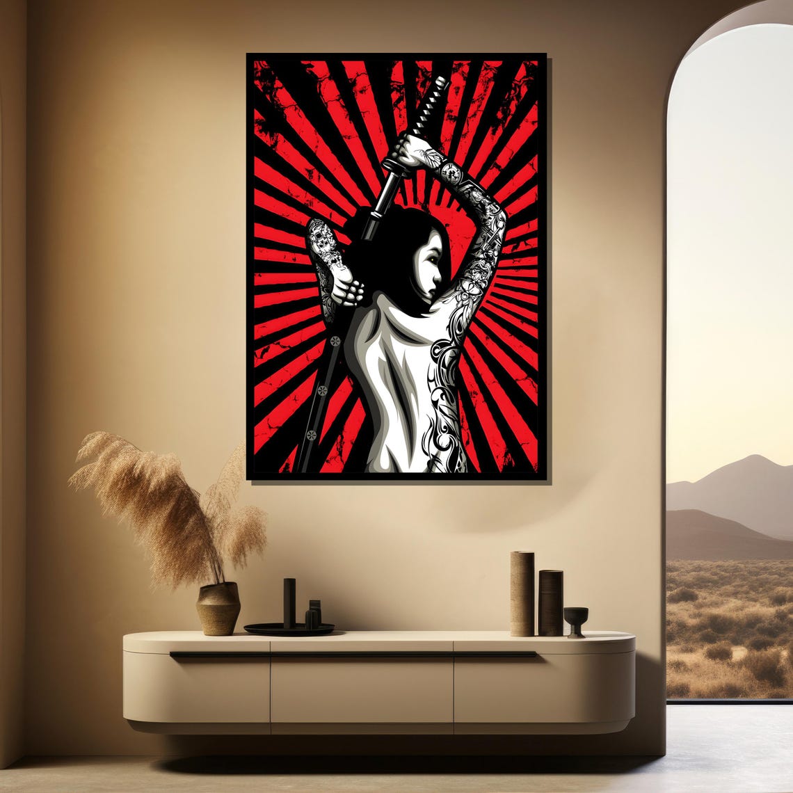 Tattooed Samurai Woman Raising A Katana Before Red Sunburst Poster - Image 4