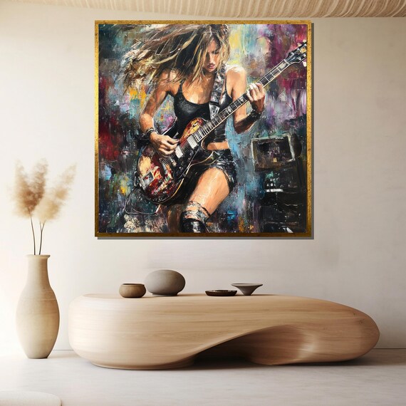 Female Rock Guitarist Shredding Electric Guitar on Stage Poster
