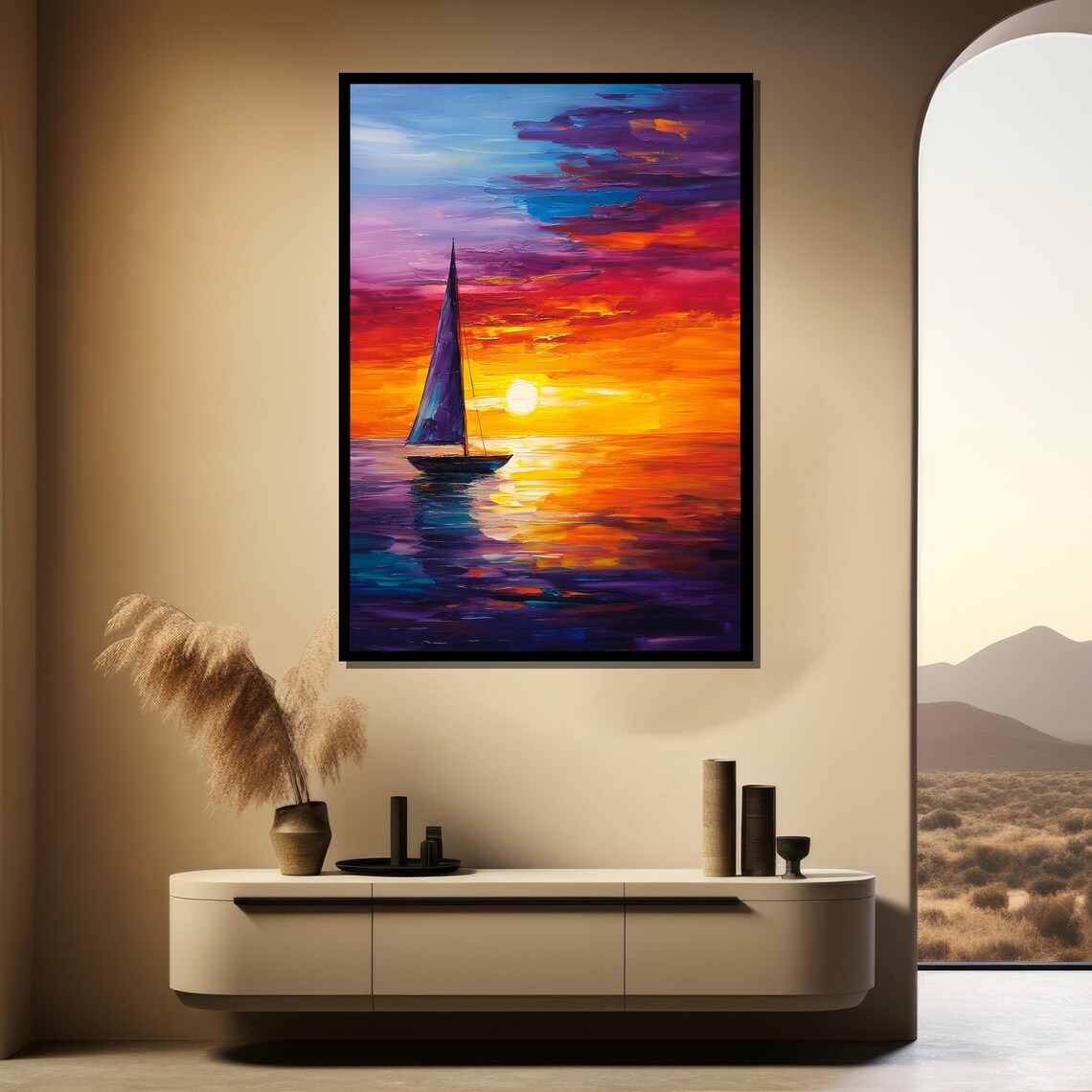 Vibrant Sailboat At Fiery Sunset Impasto Seascape Art Poster - Image 4
