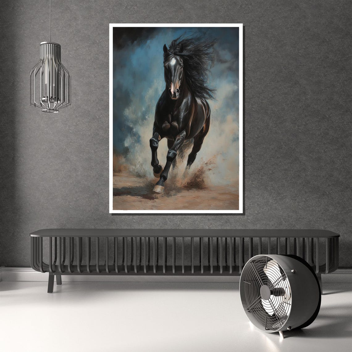 Black Stallion Charging Through Dust Under a Storm Sky Poster - Image 2