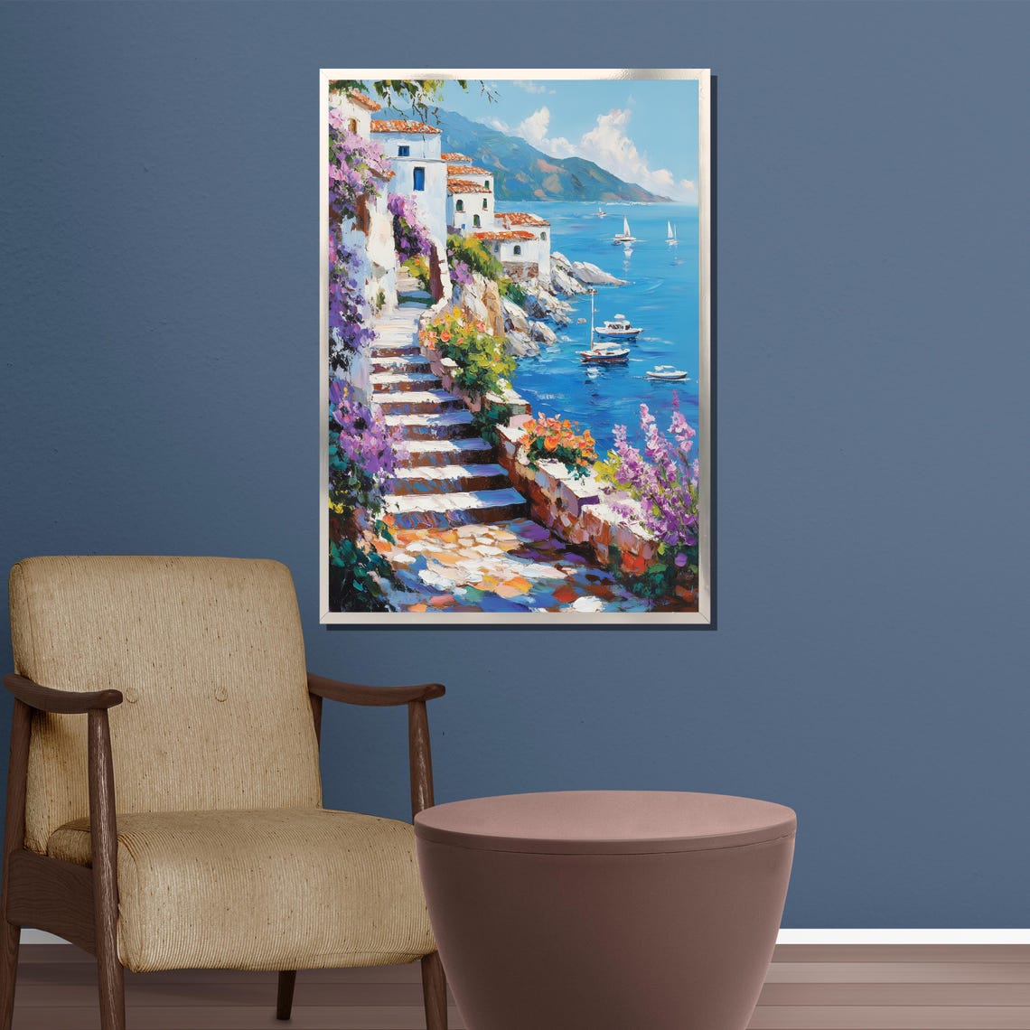 Mediterranean Coastal Village Steps Whitewashed Houses Poster - Image 3