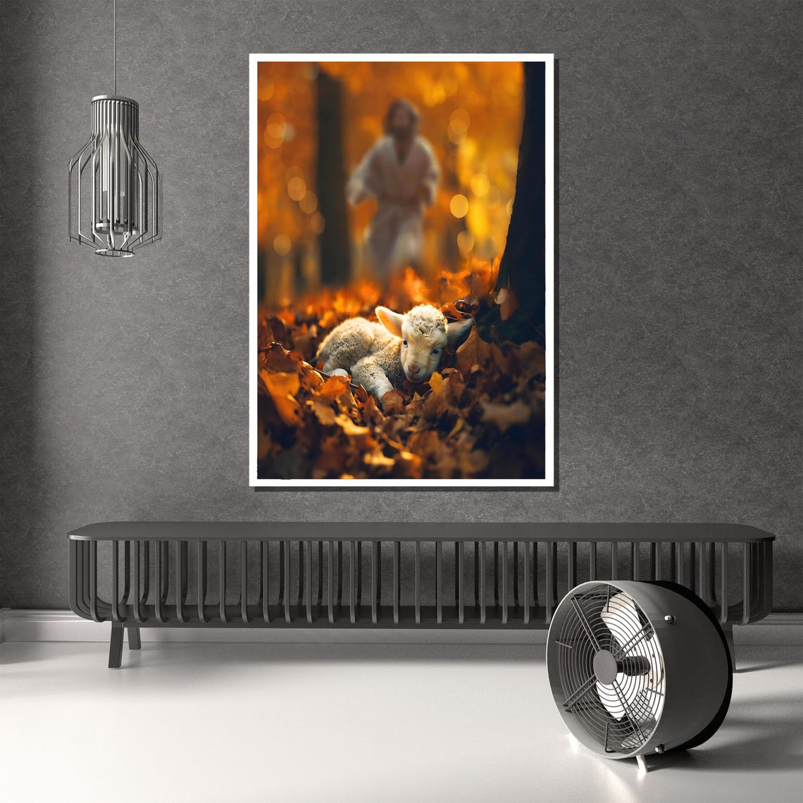 Lost Sheep Lamb in Autumn Leaves Jesus Behind Christian Poster - Image 4