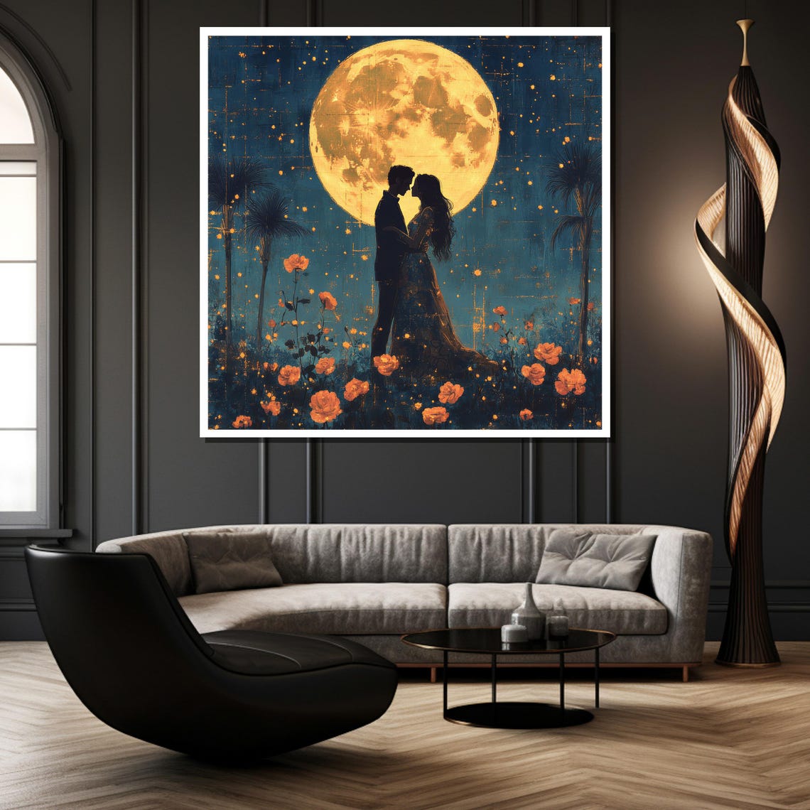 Moonlit Romantic Couple Embrace Floral Night Sky Golden Poster - Image 3