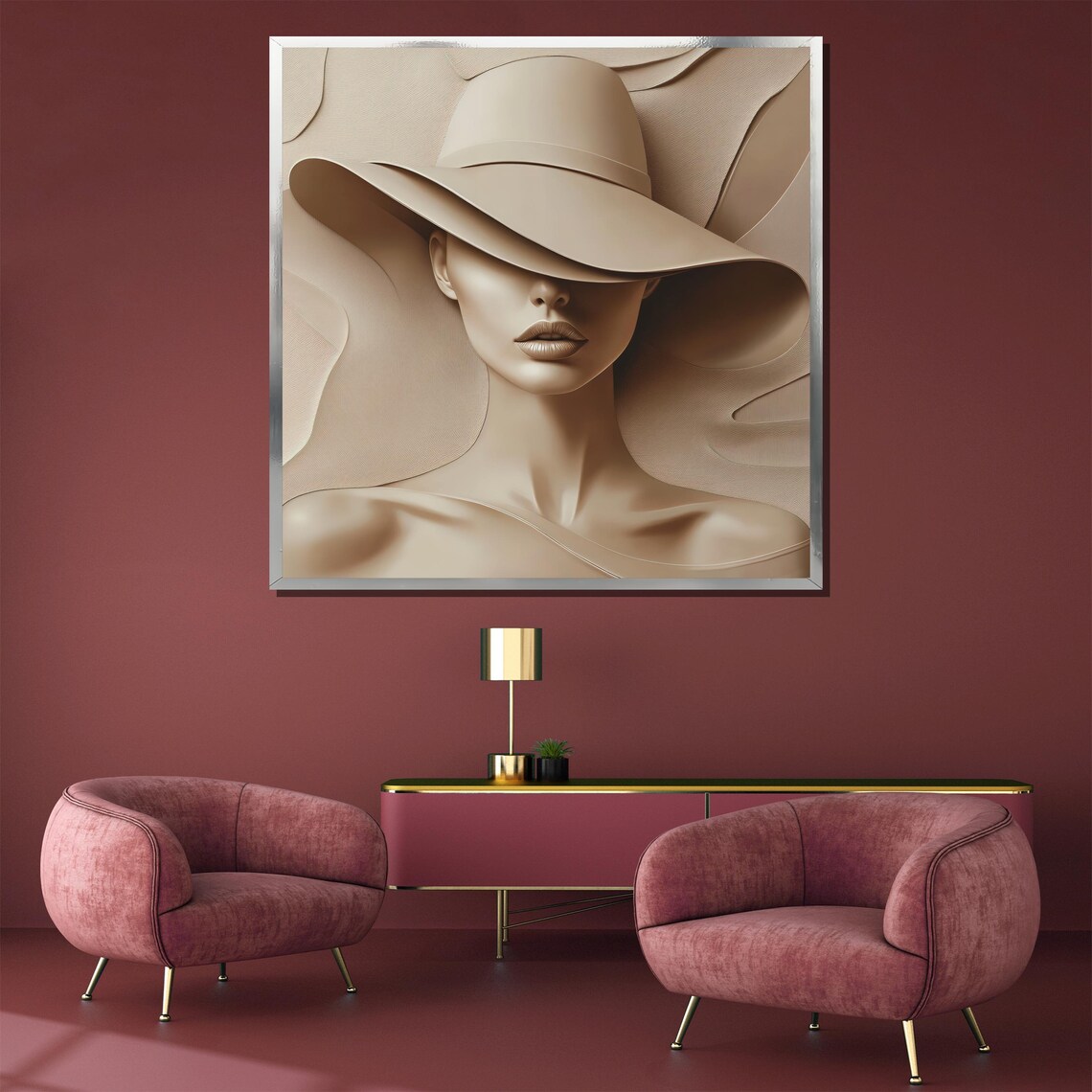 Neutral Beige Sculpted Woman Portrait With Wide Brim Hat Poster - Image 4