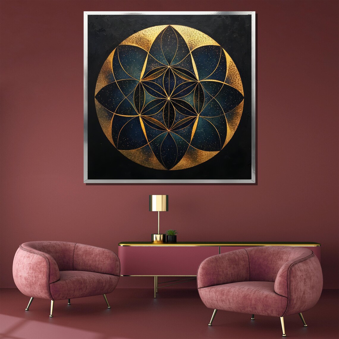 Golden Flower of Life Mandala on Black Sacred Geometry Poster - Image 3