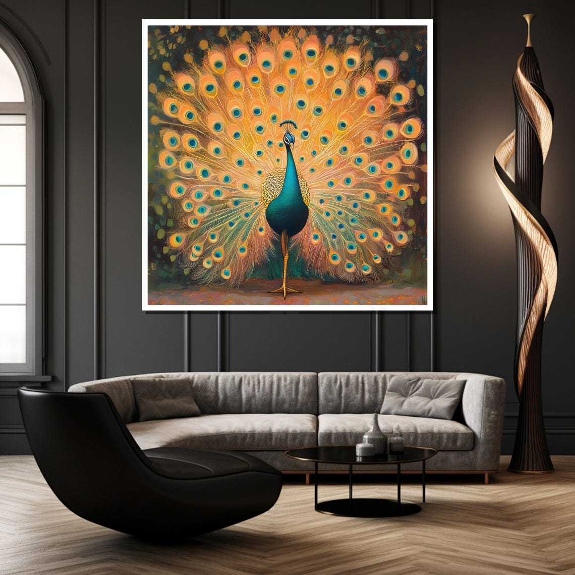 Golden Peacock Full Feather Fan Glowing Garden Setting Art Poster - Image 2