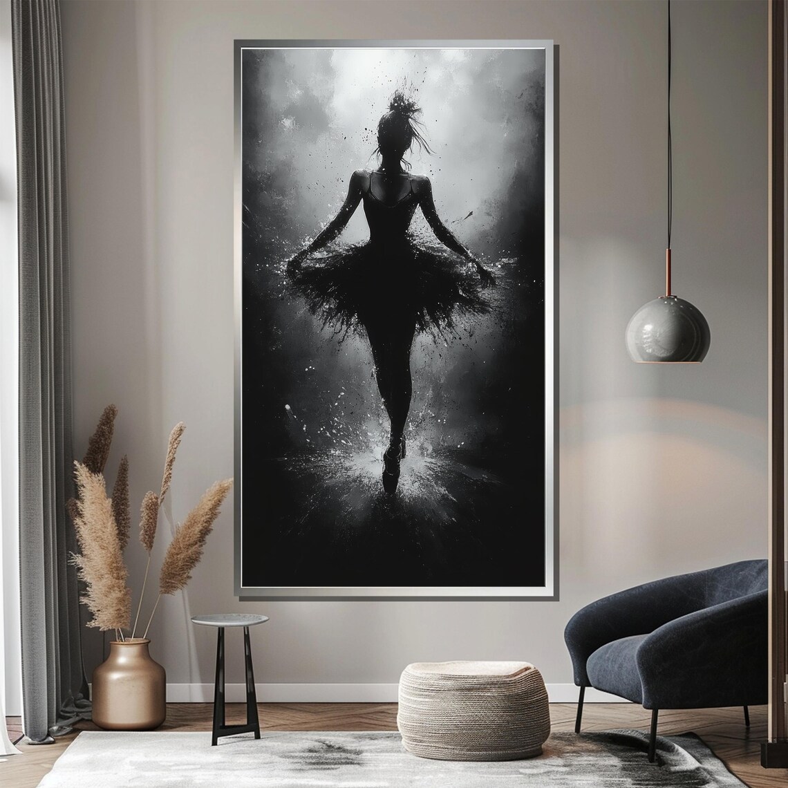 Black and White Ballerina Silhouette in Dramatic Splash Paint Art Poster - Image 3