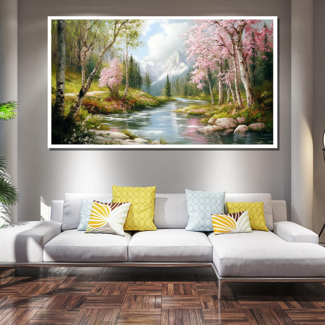 Spring Mountain Stream With Blossoming Trees Painting Stunning Wall Art Gift For White Room And Nature Home Decor - Image 2