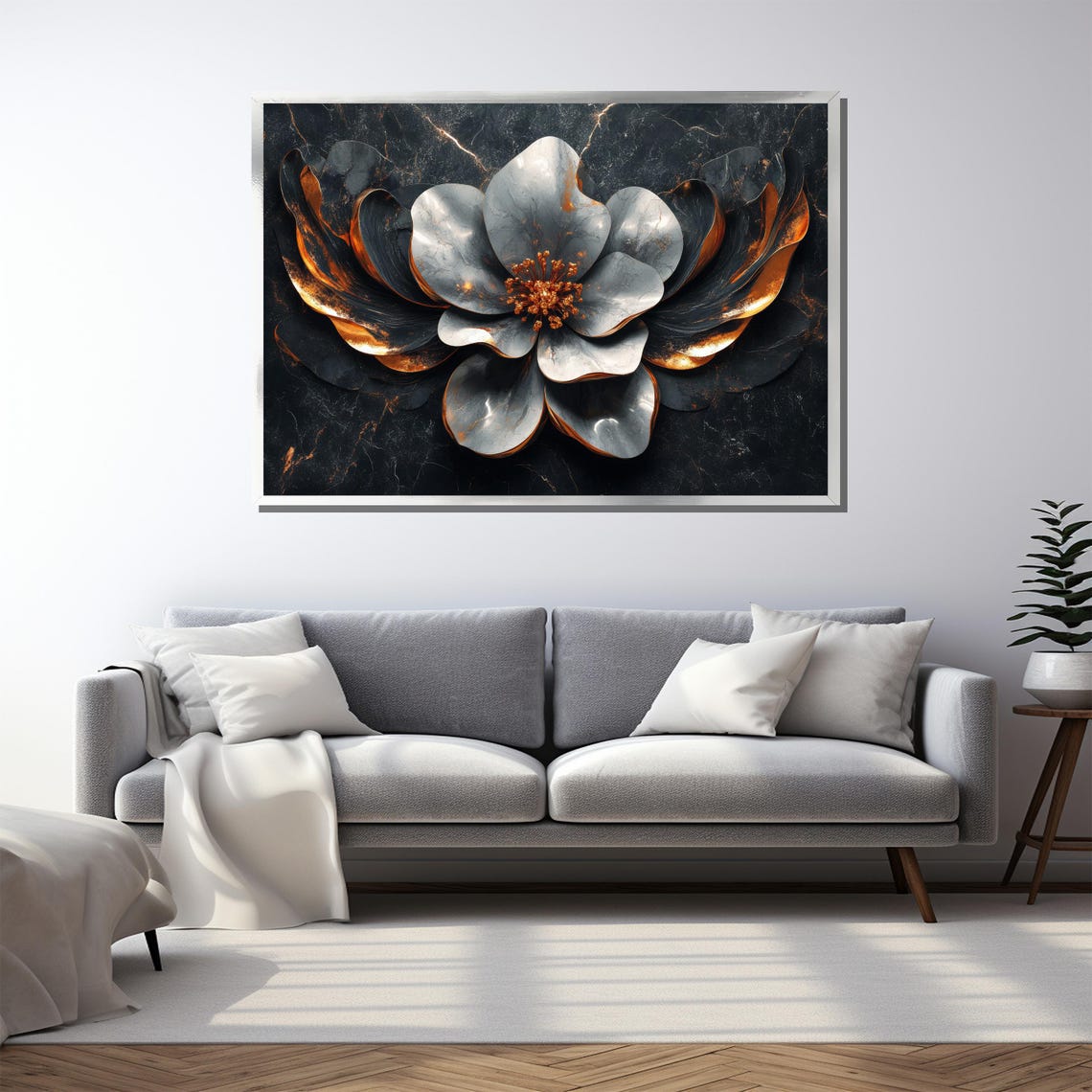 Black And Gold 3D Marble Flower Sculpture Dramatic Art Poster - Image 3