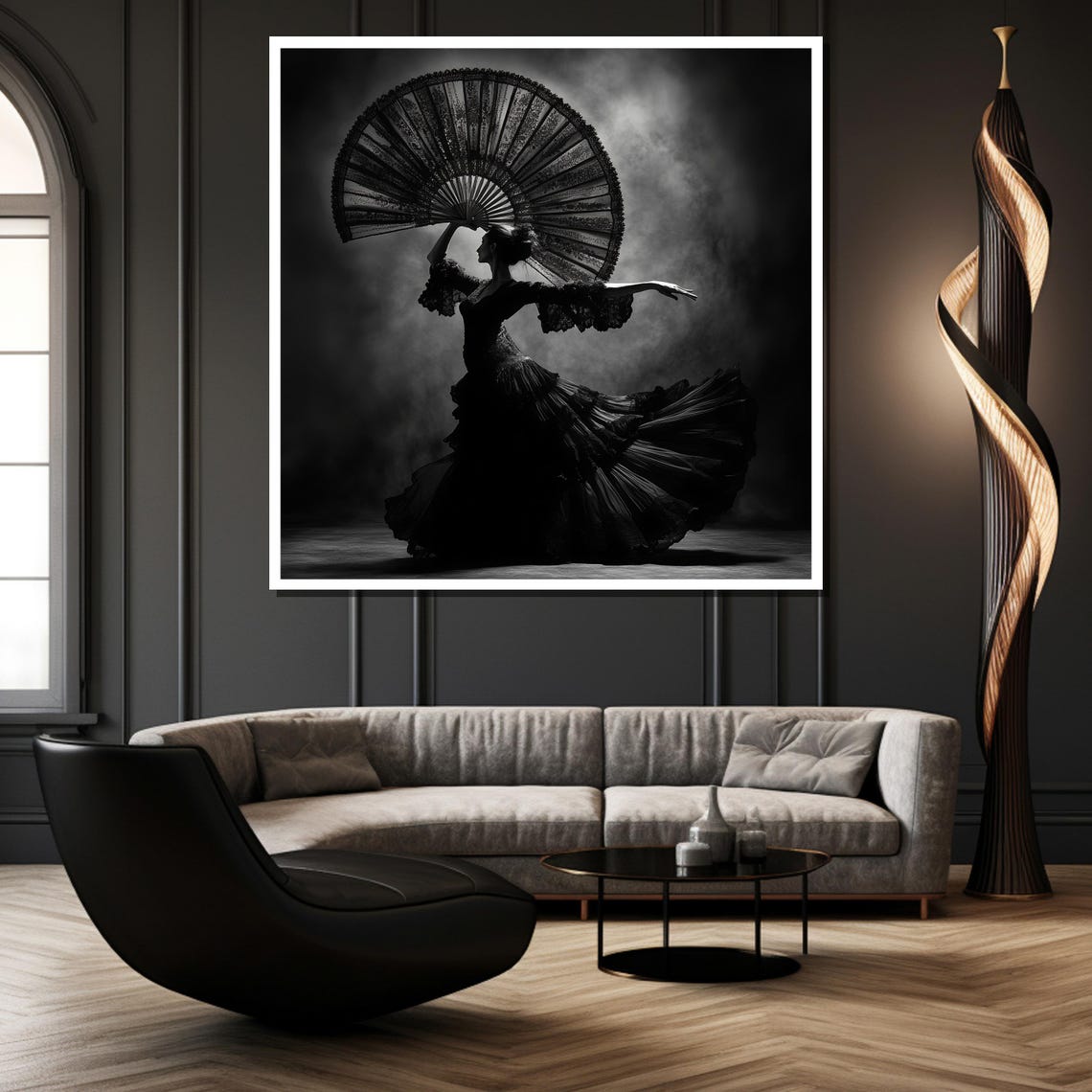 Black and White Flamenco Dancer Holding an Ornate Lace Fan Poster - Image 2
