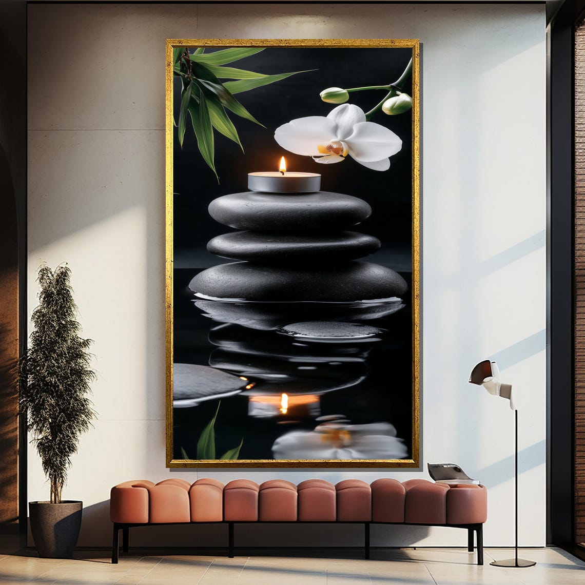Black Zen Stones With Candle and White Orchid Calm Spa Poster