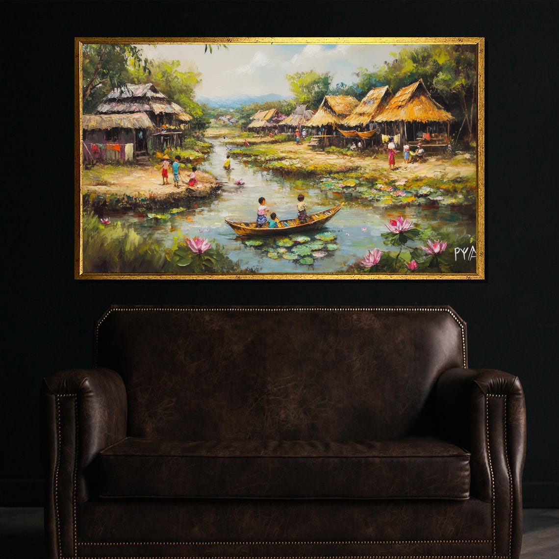 Village Life By The River Lotus Blossoms Thatched Huts Poster