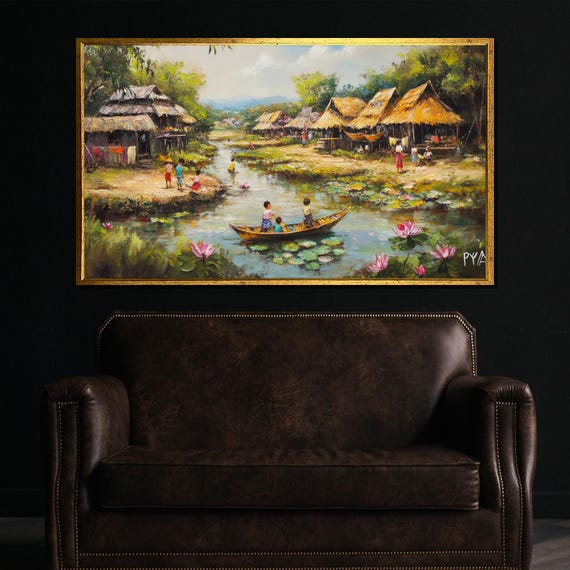 Village Life By The River Painting Vibrant Wall Art Gift For Living Room Or Traditional Rustic Interior Spaces