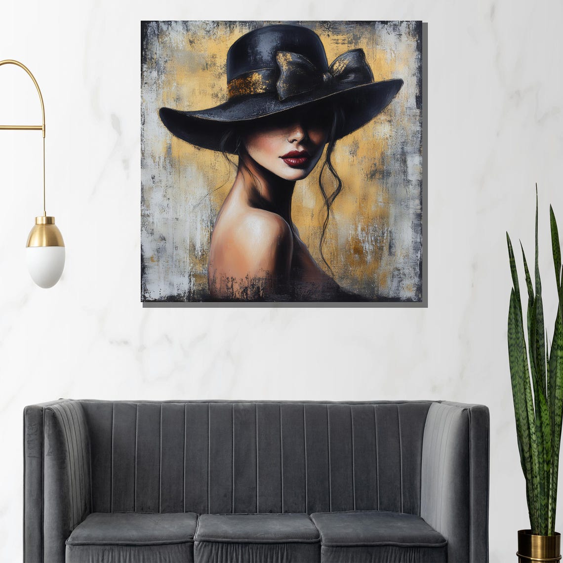 Elegant Woman In Black Bow Hat On Golden Abstract Art Poster - Image 2