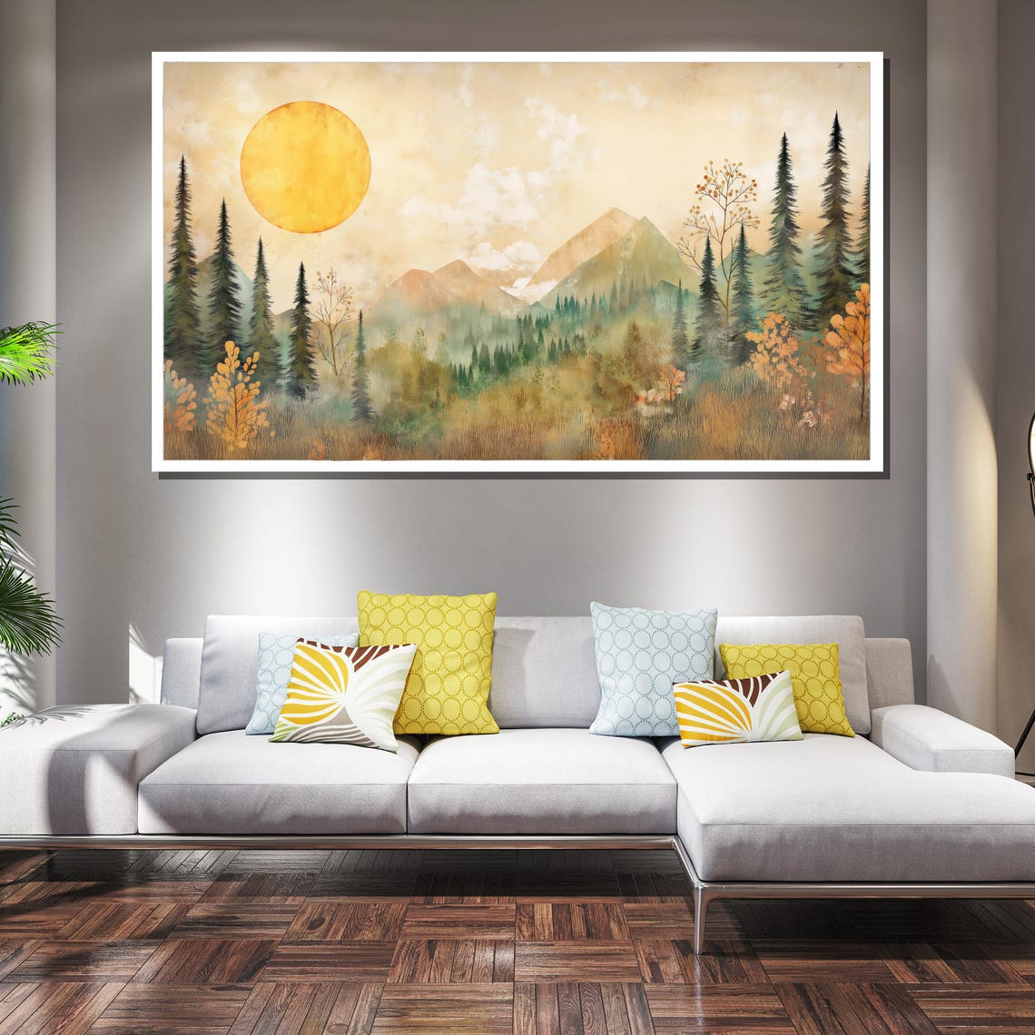Golden Forest Landscape Painting Nature Mountains Trees Sun Wall Art Rustic Home Decor Gift For Nature Lovers - Image 2
