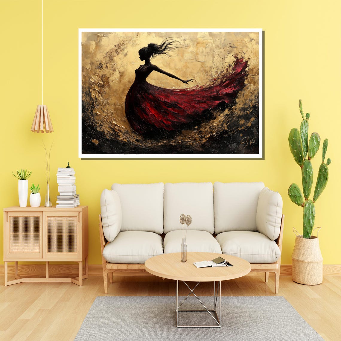 Golden Dancer Silhouette in a Red Dress in Swirling Motion Poster - Image 2
