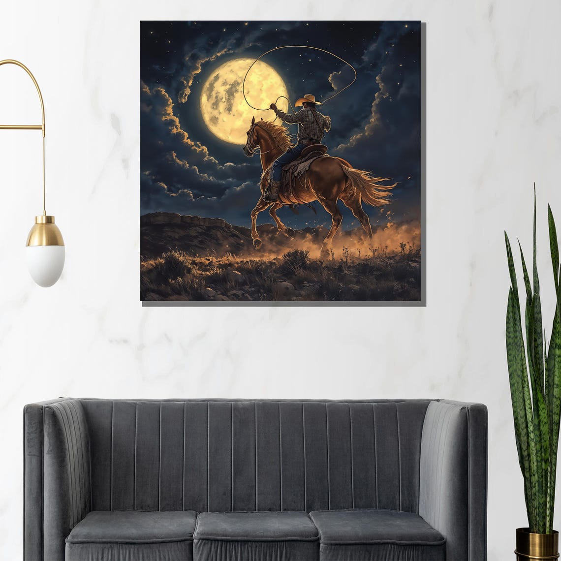 Midnight Lasso Cowboy Under Full Moon Night Horse Western Wall Poster - Image 2