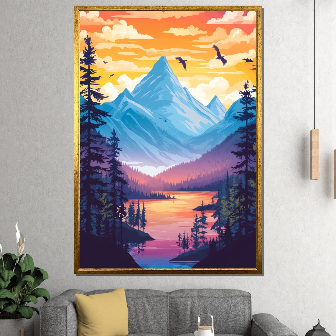 Colorful Mountain Sunset Lake Forest Modern Art Scenic Poster