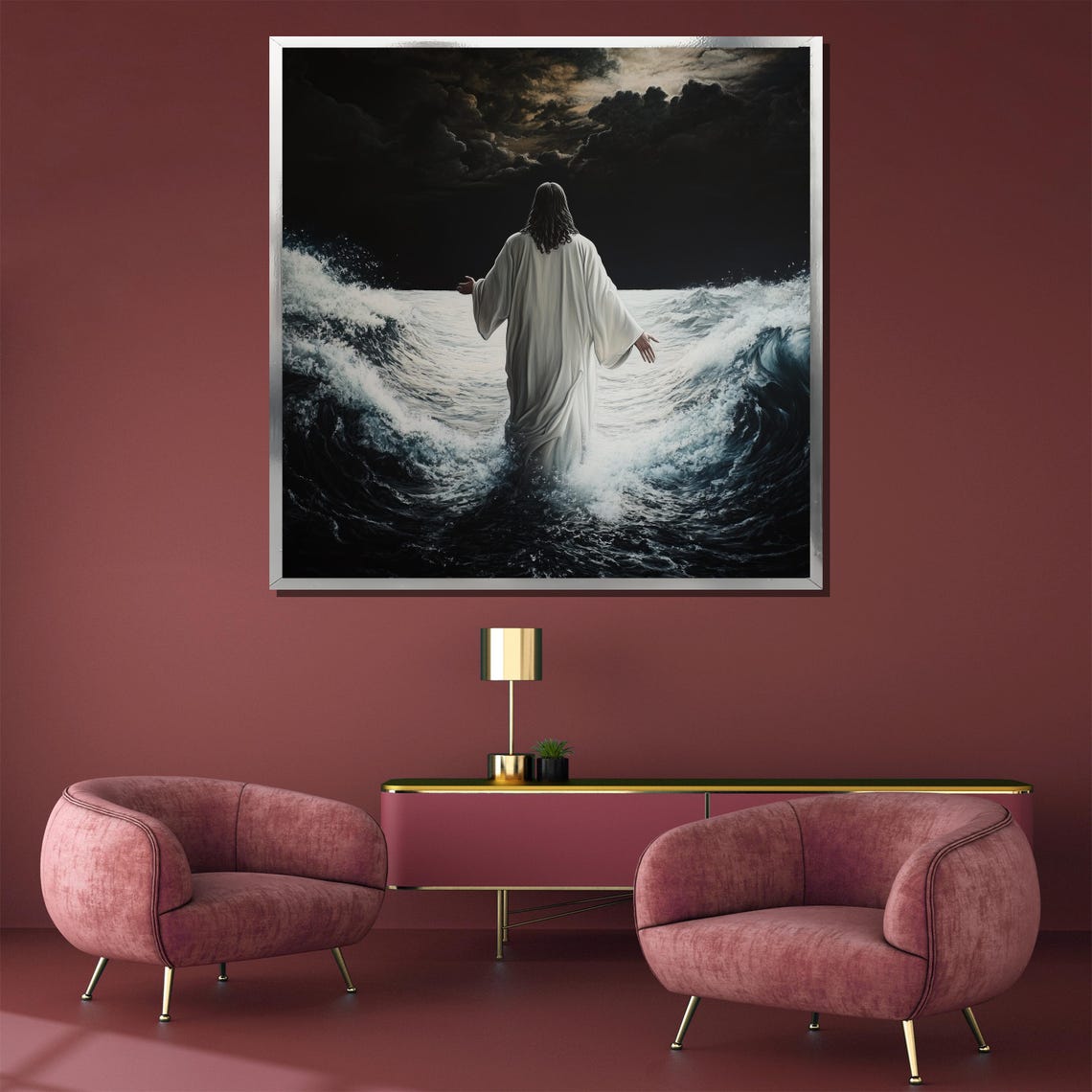 Jesus Walking on Water Dark Stormy Waves Arms Wide Open Poster - Image 5