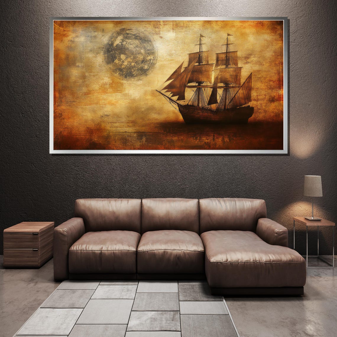Vintage Tall Sailing Ship Under Full Moon Sepia Antique Art Poster - Image 3