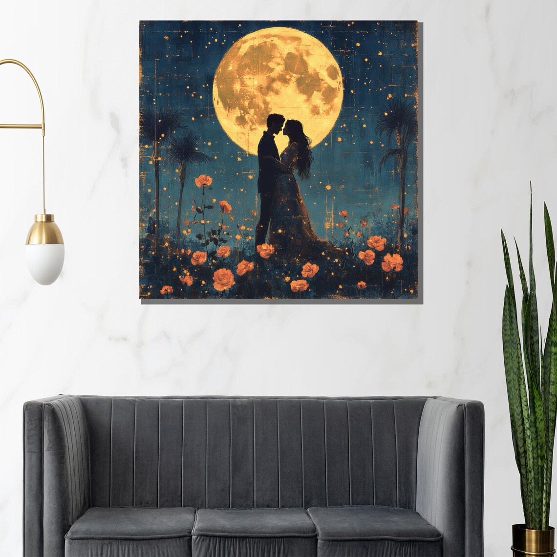 Moonlit Romantic Couple Embrace Floral Night Sky Golden Poster - Image 2