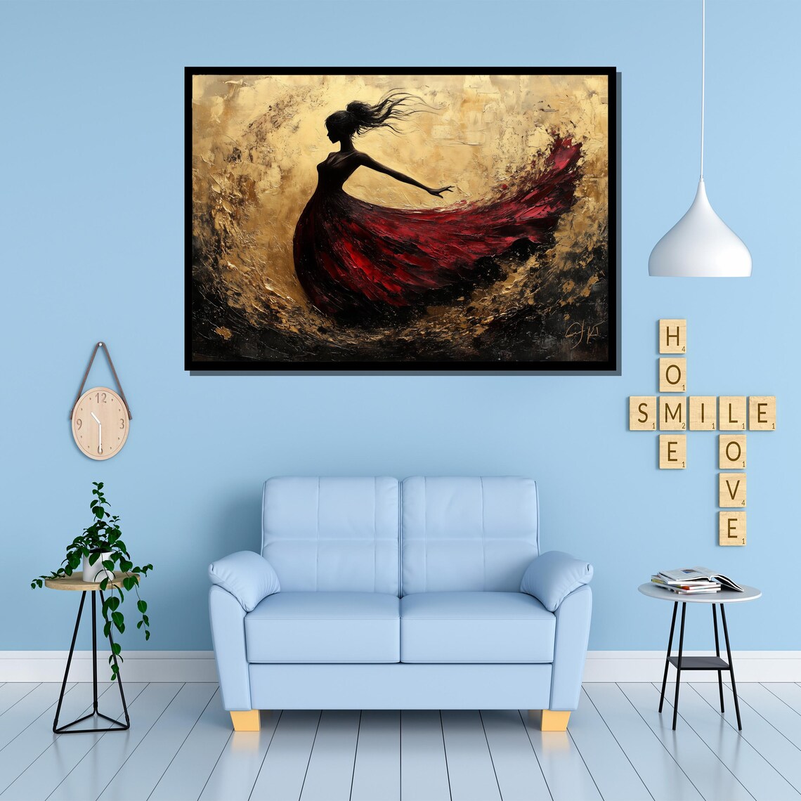 Golden Dancer Silhouette in a Red Dress in Swirling Motion Poster - Image 4