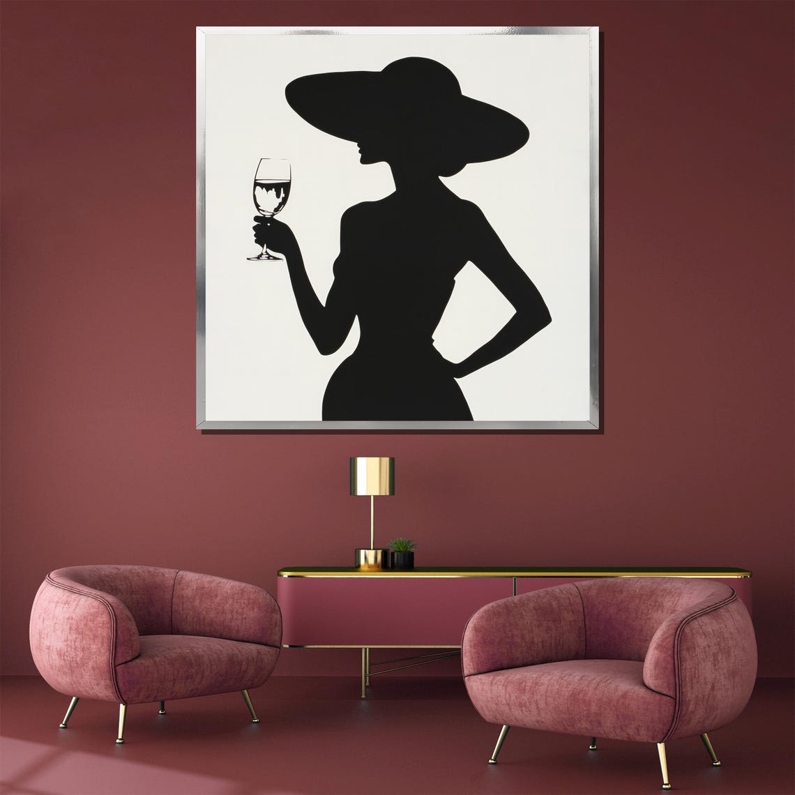 Minimalist Black White Woman Silhouette With Hat And Wine Poster - Image 4