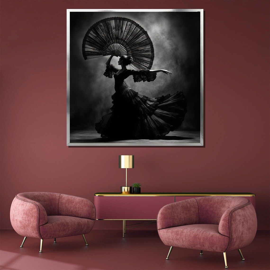 Black and White Flamenco Dancer Holding an Ornate Lace Fan Poster - Image 3