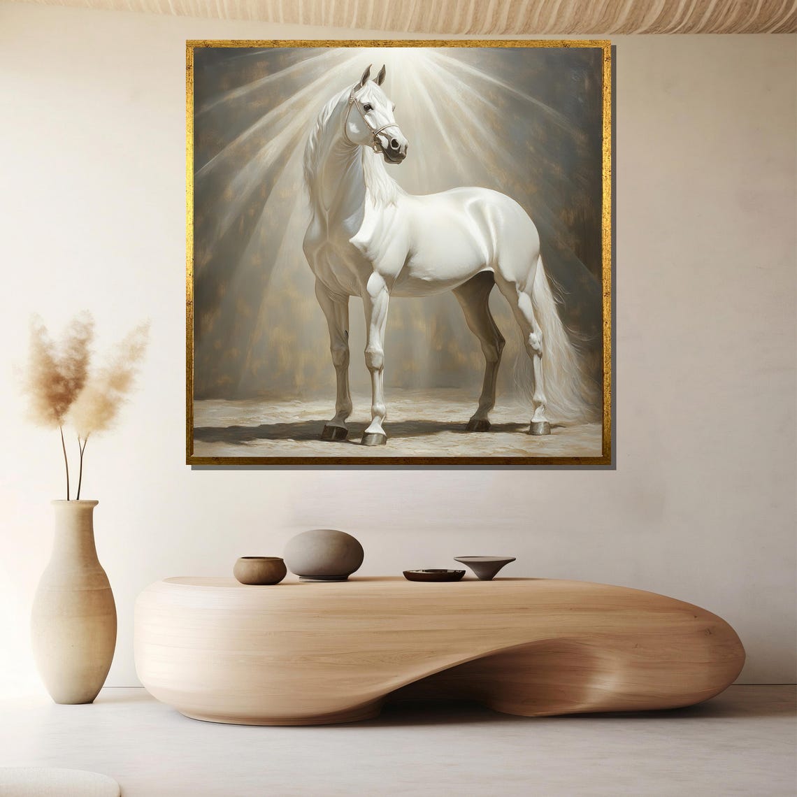White Horse Standing Under Dramatic Golden Light Rays Poster