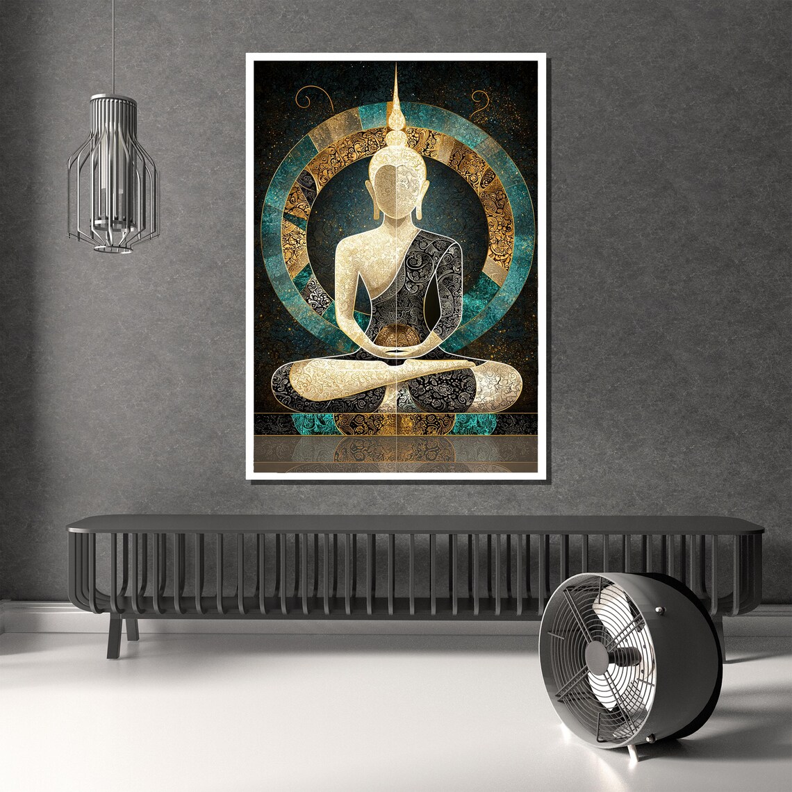 Gold and Teal Intricate Mandala Buddha Meditation Wall Poster - Image 2
