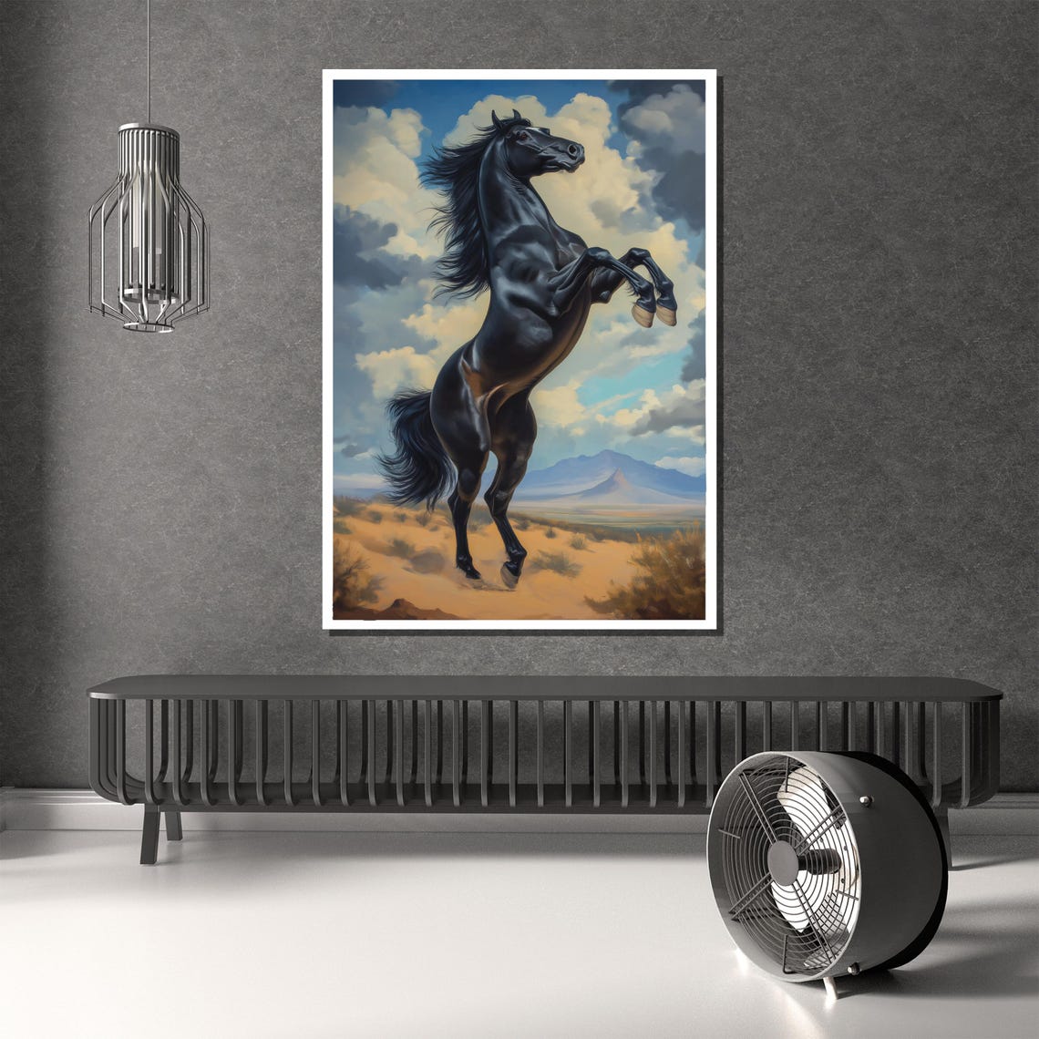 Black Stallion Rearing High Above Rugged Desert Mountains Poster - Image 2