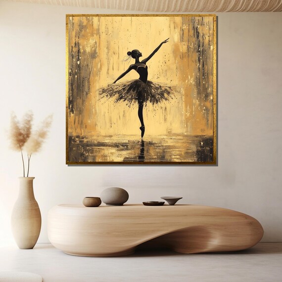 Golden Ballerina Dancer Silhouette on Gold Abstract Art Poster