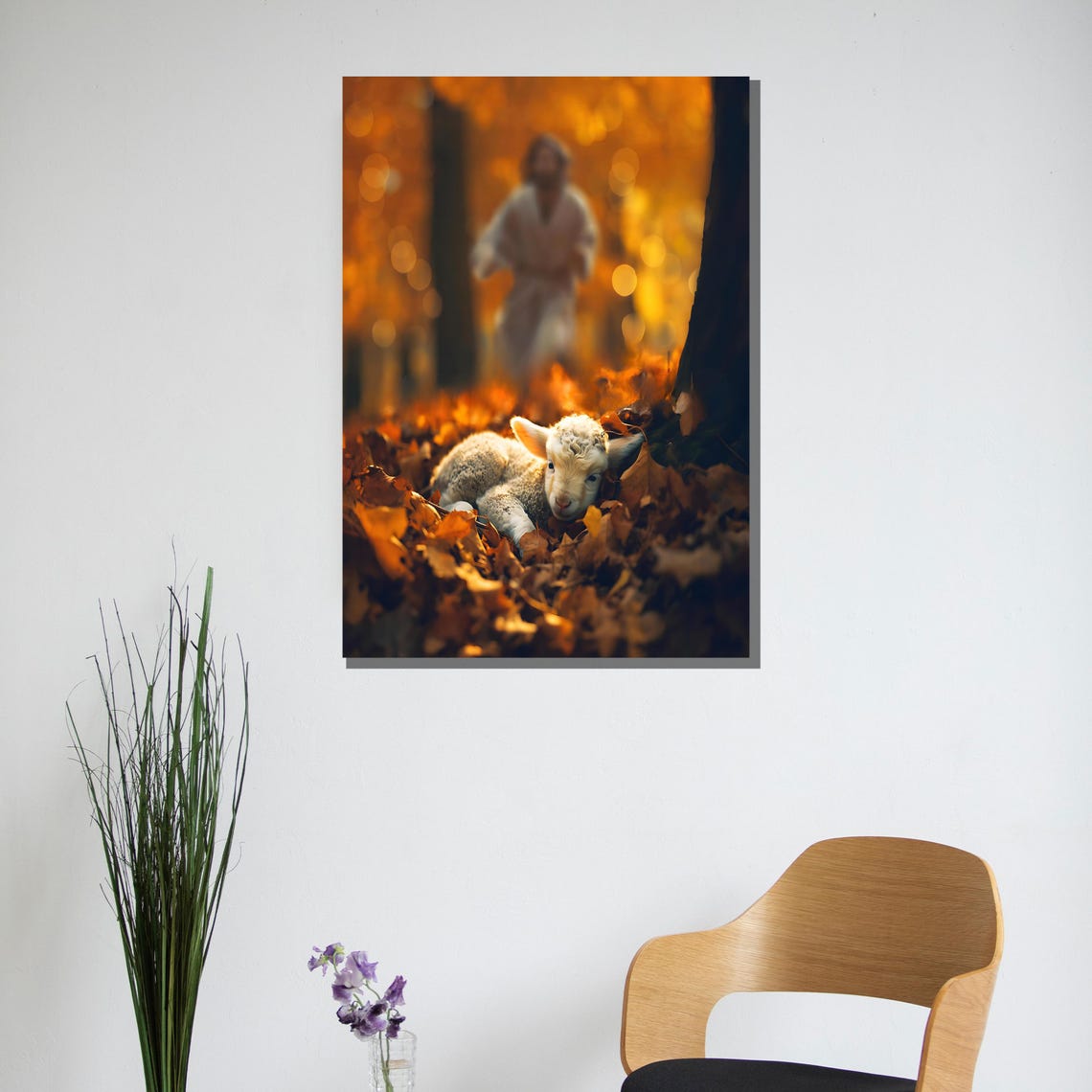 Lost Sheep Lamb in Autumn Leaves Jesus Behind Christian Poster - Image 3