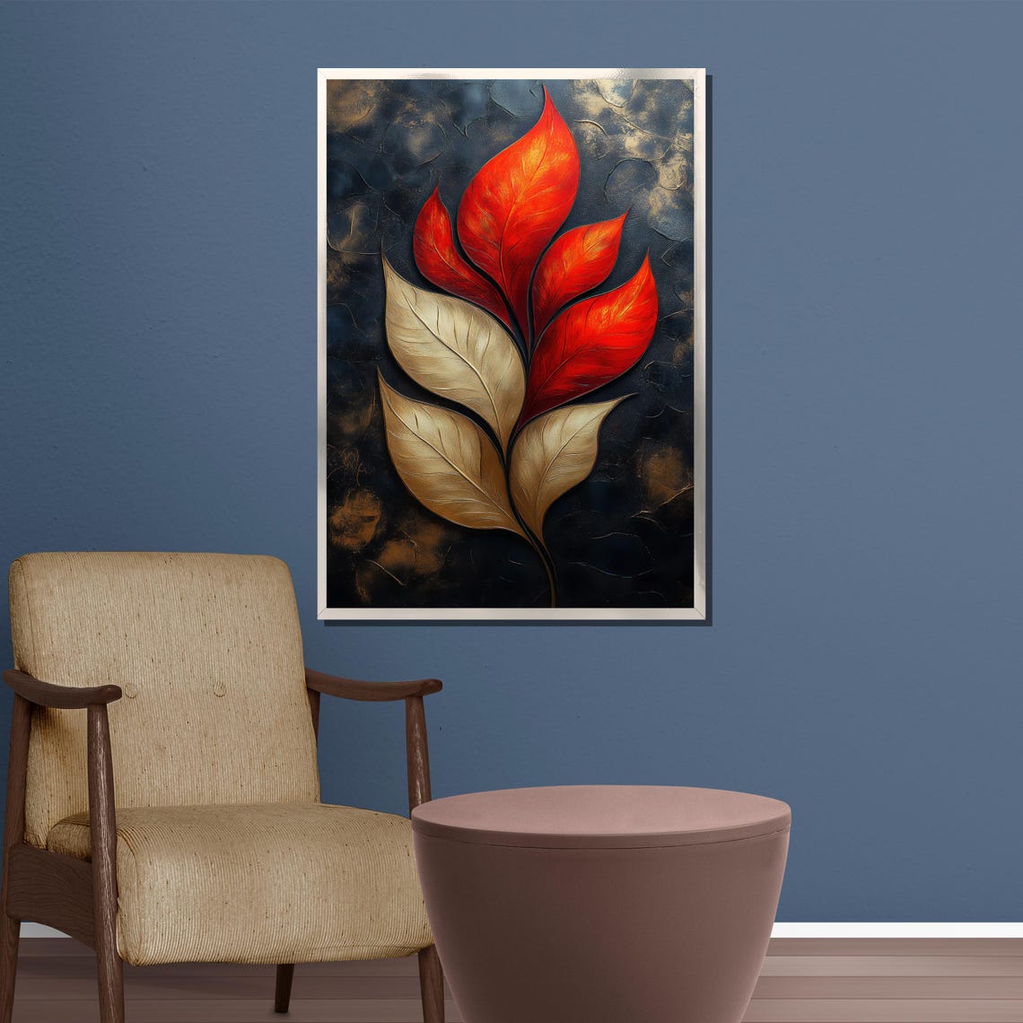 Fiery Red And Gold Leaf Flames On Dark Moody Textured Art Poster - Image 3