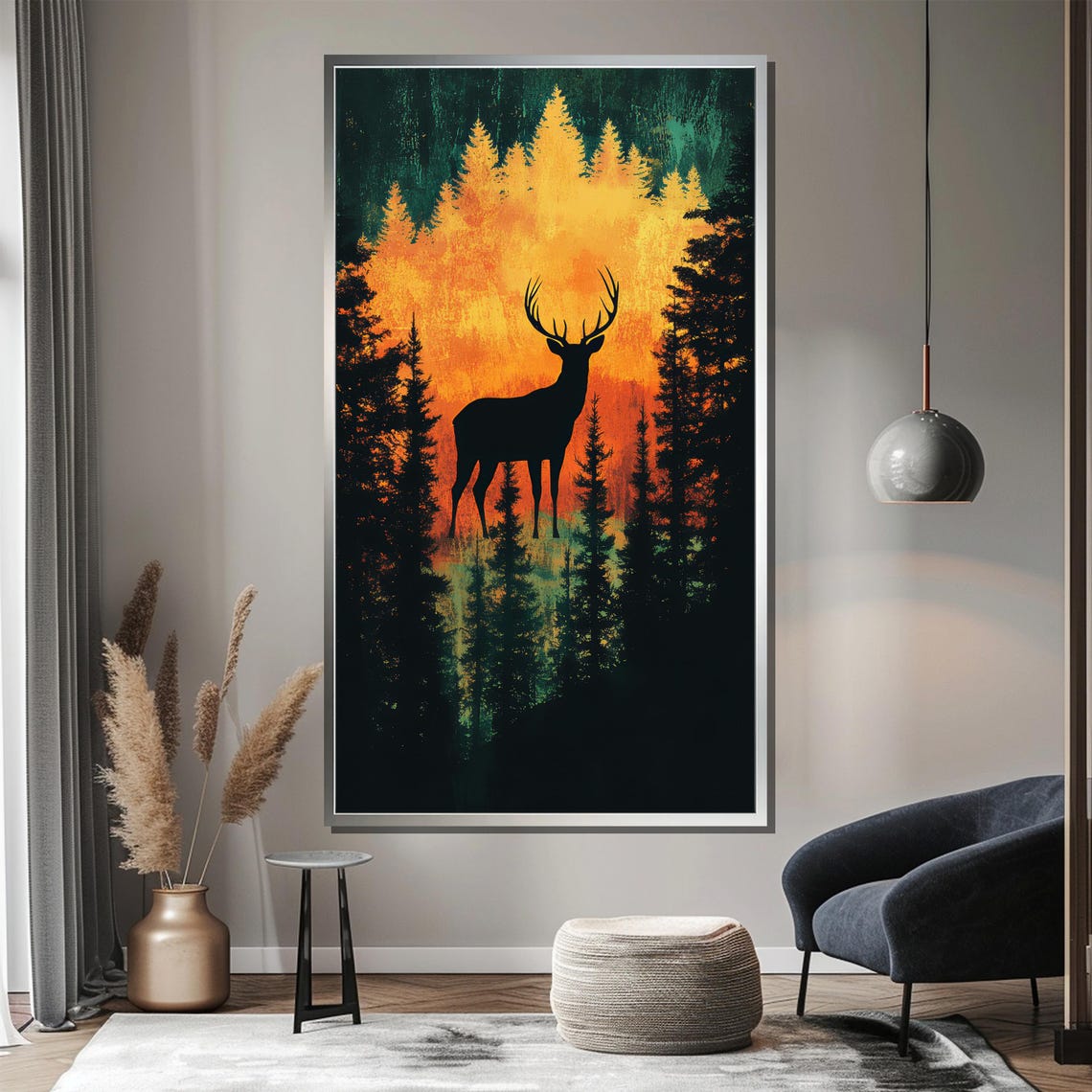 Deer Silhouette In Sunset Pine Forest Fiery Wildlife Art Poster - Image 3