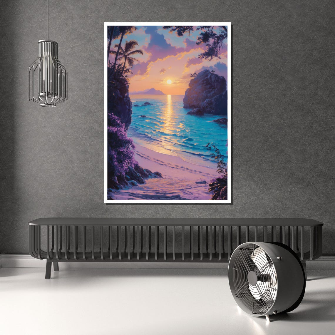 Tropical Sunset Cove Rocky Cliffs Bougainvillea Beach Poster - Image 2