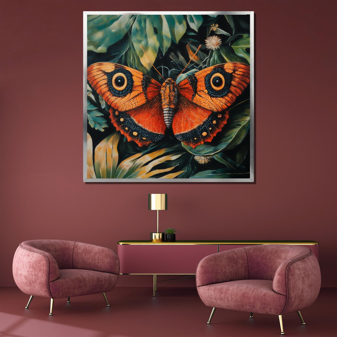 Orange Butterfly with Bold Eyespots Among Green Leaves Poster - Image 3