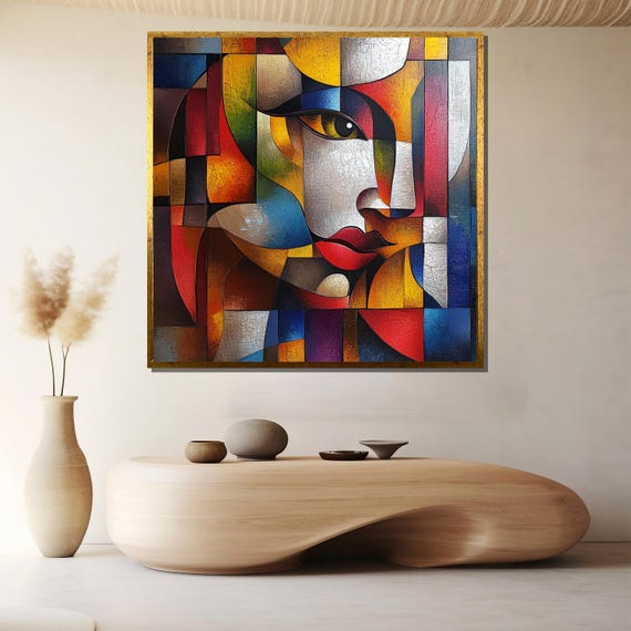 Geometric Cubist Woman Painting Vibrant Abstract Wall Art Unique Home Decor Gift For Modern Art Enthusiasts