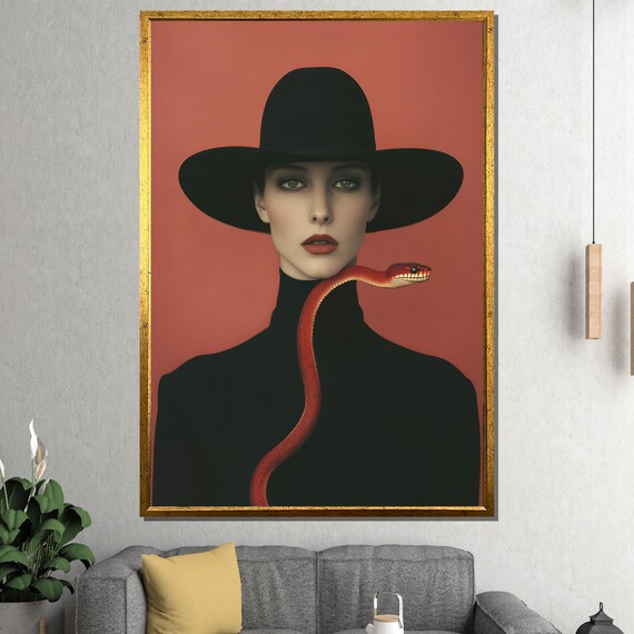 Mysterious Woman In Black Hat With Red Snake Portrait Art Poster