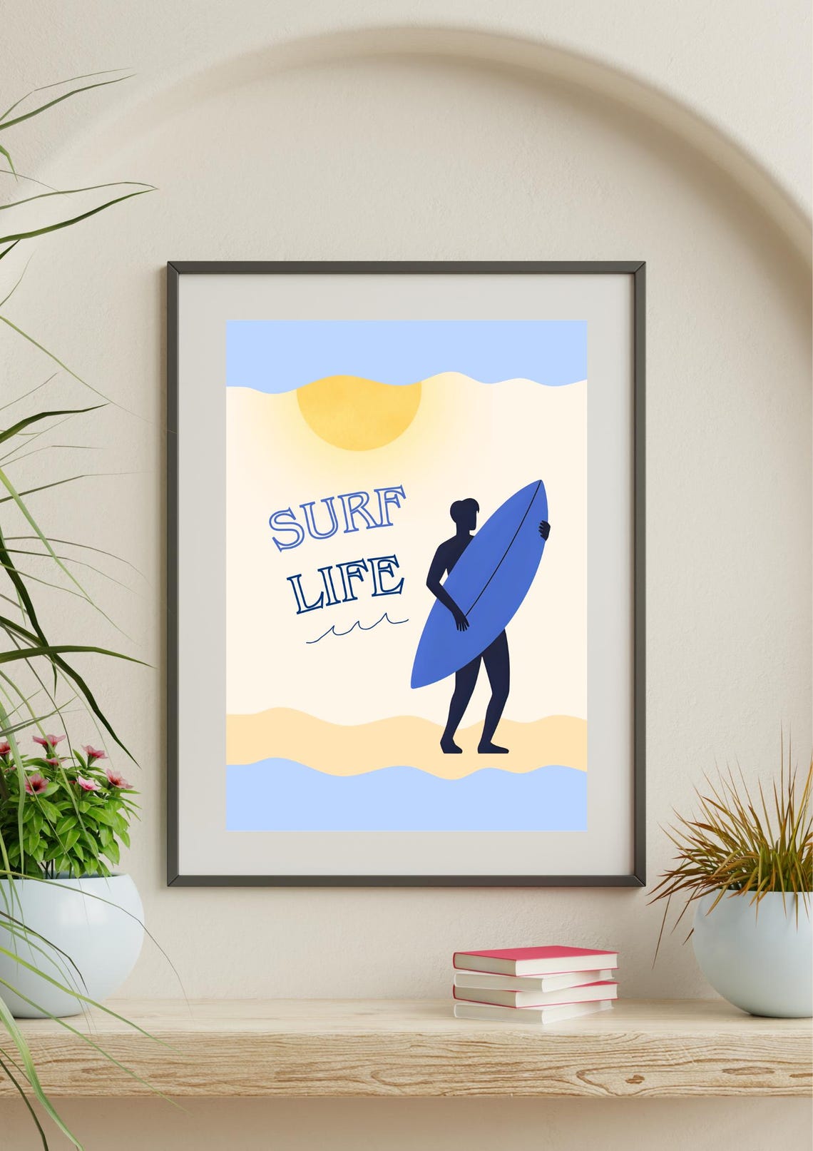 Surf Life Retro Blue Surfer Silhouette Beach Waves Wall Poster