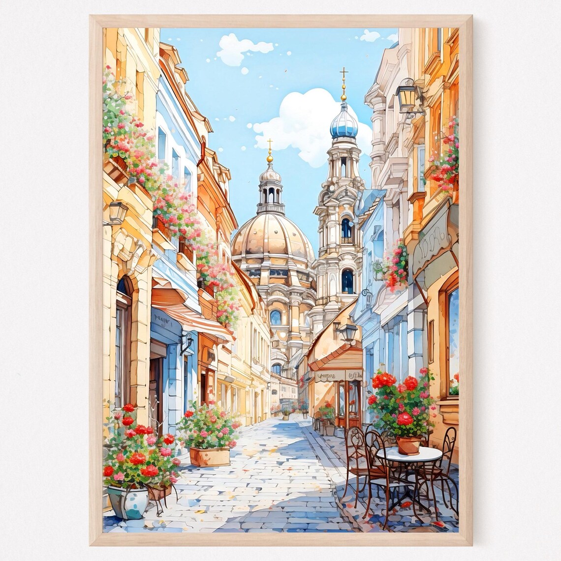 Charming Old Town Flower Filled Street Cathedral Watercolor Poster