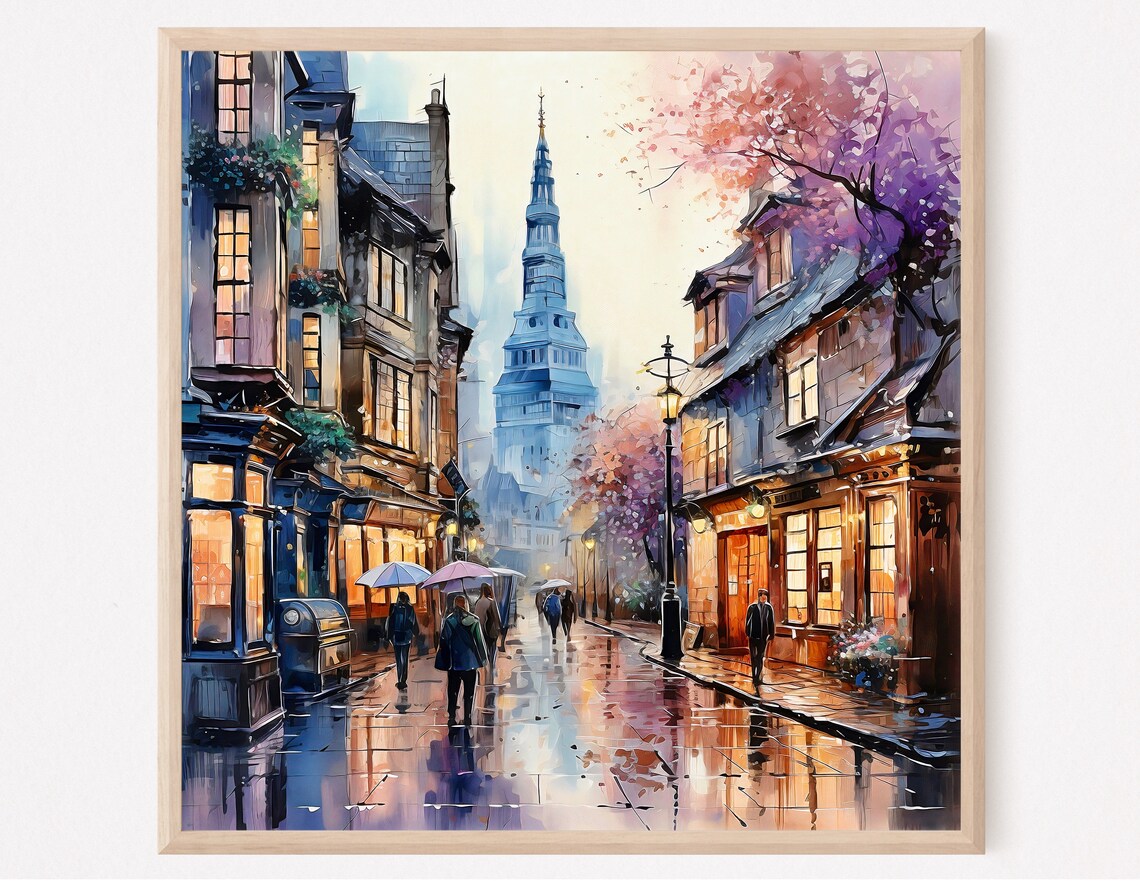 Rainy European Street Church Spire Umbrellas Watercolor Print