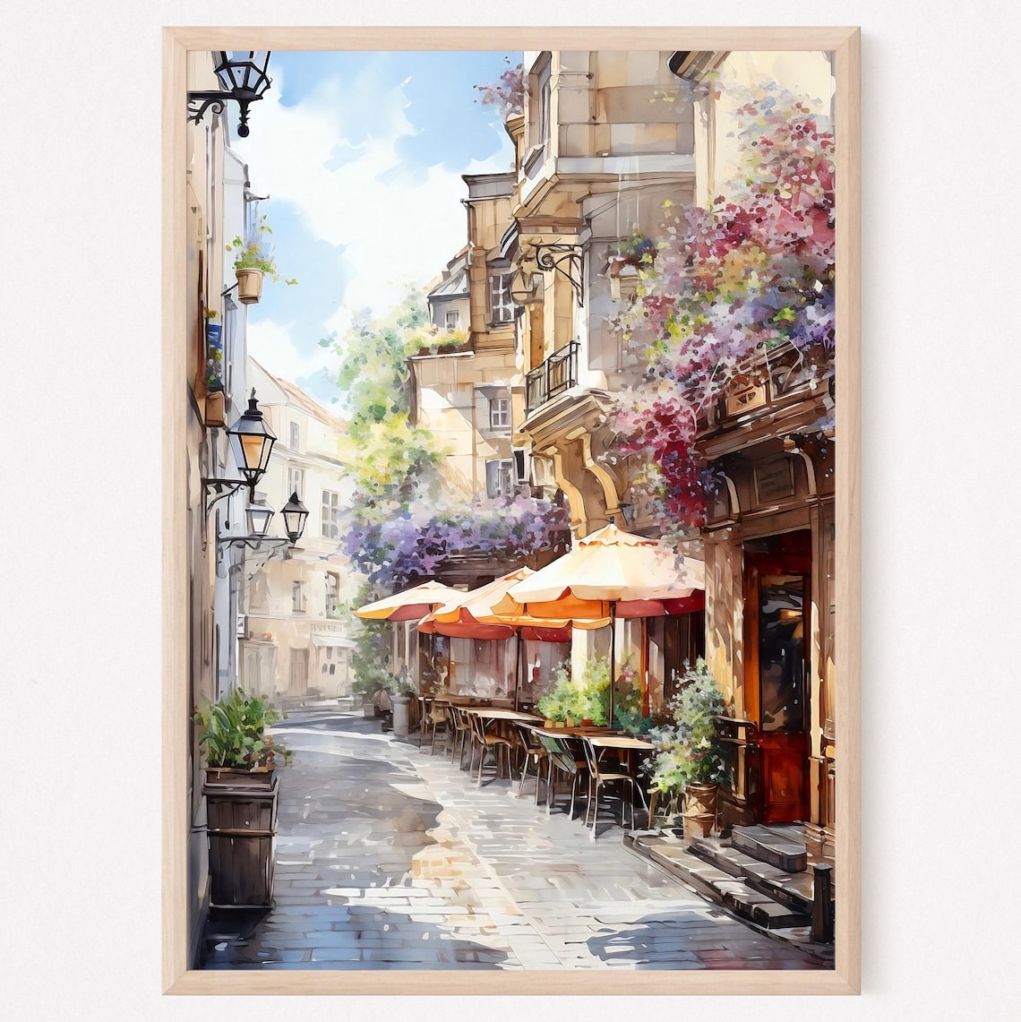 Vienna Austria Cobblestone Street Cafe Watercolor Art Poster