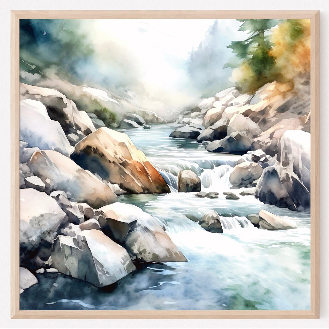 Mountain River Watercolor Print With Rushing Rapids And Boulders