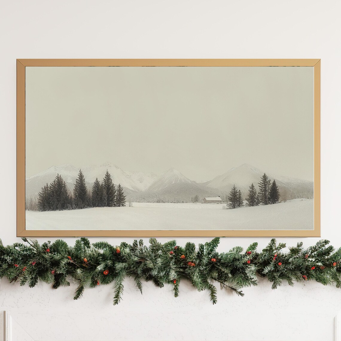 Minimalist Winter Mountain Landscape with Snowy Pines Poster - Image 2