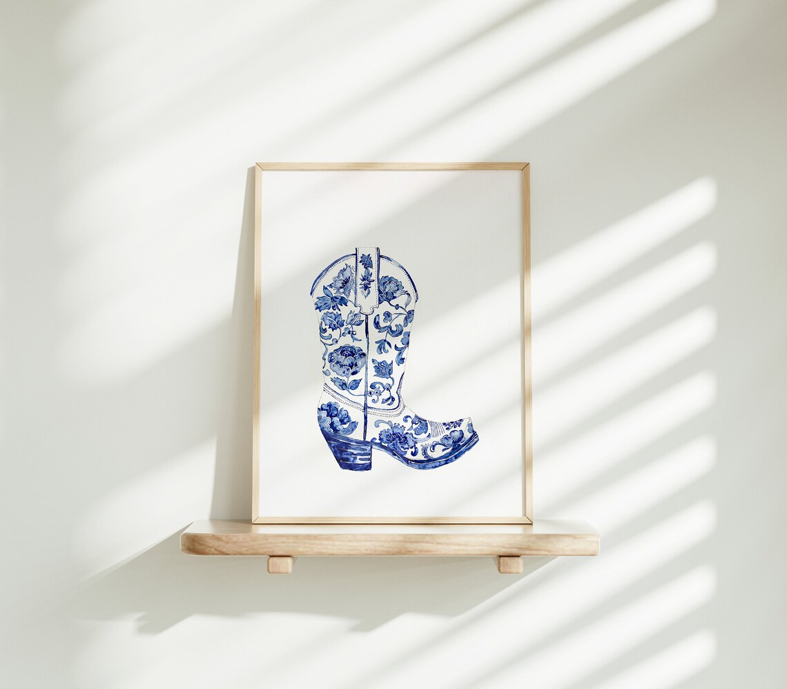 Blue and White Chinoiserie Floral Cowboy Boot Western Poster - Image 4