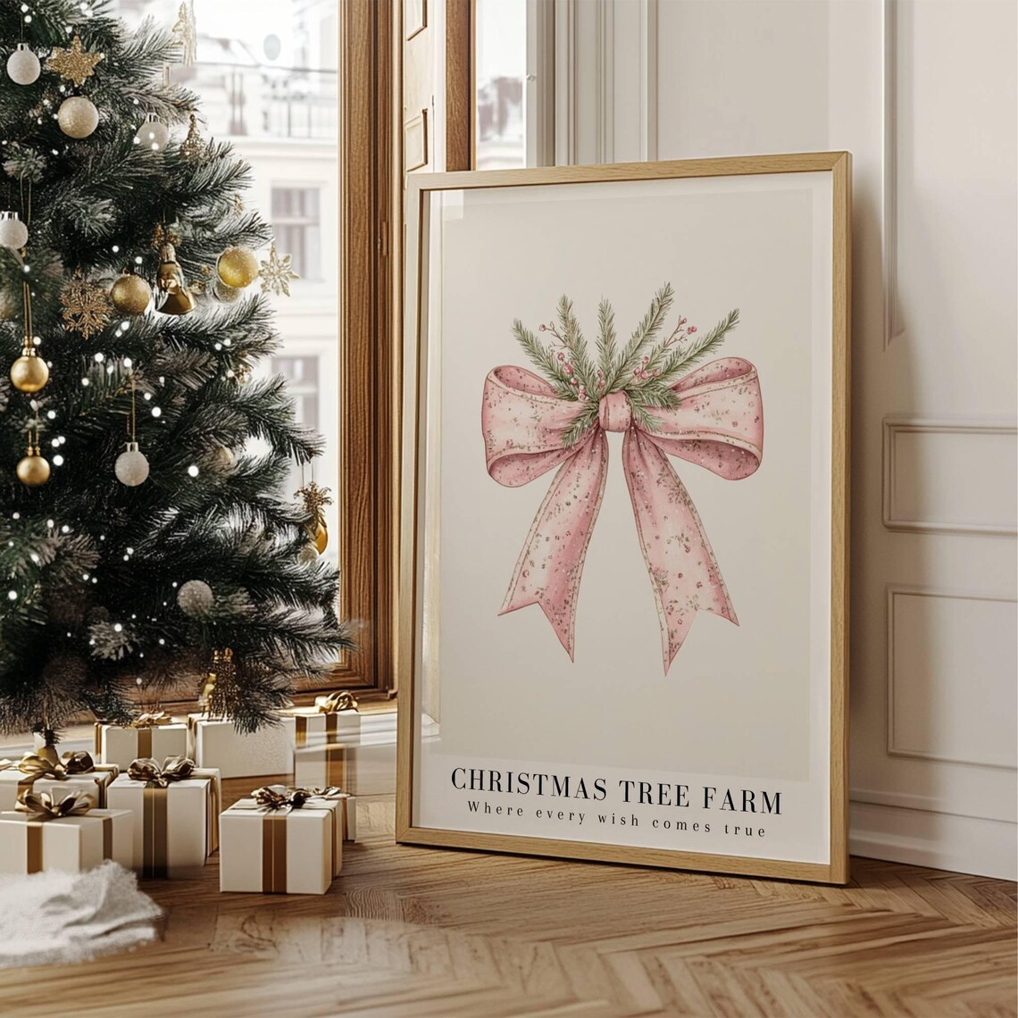 Christmas Tree Farm Pink Ribbon Watercolor Art Print