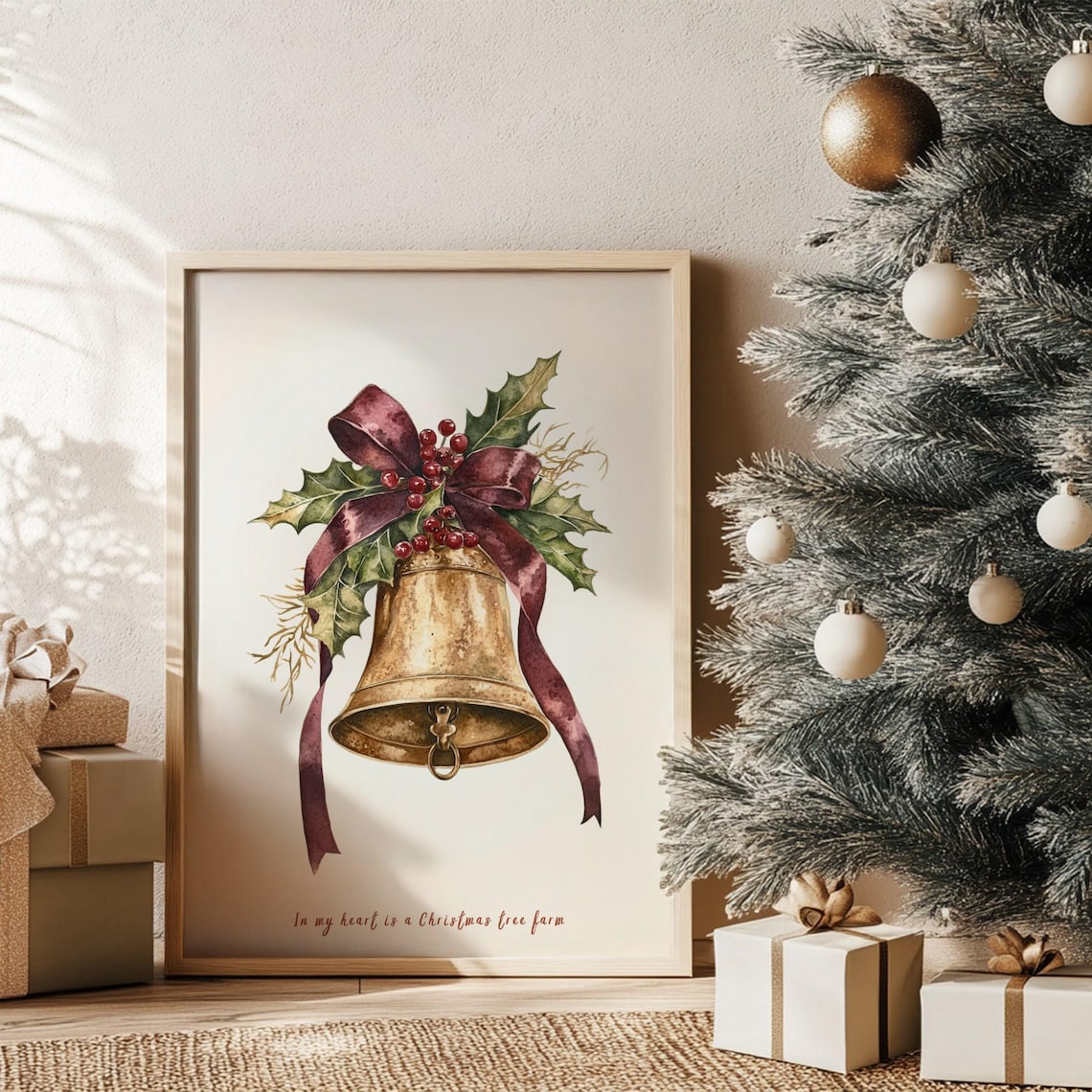 Christmas Golden Bell Holly Berries Ribbon Watercolor Art Poster - Image 2