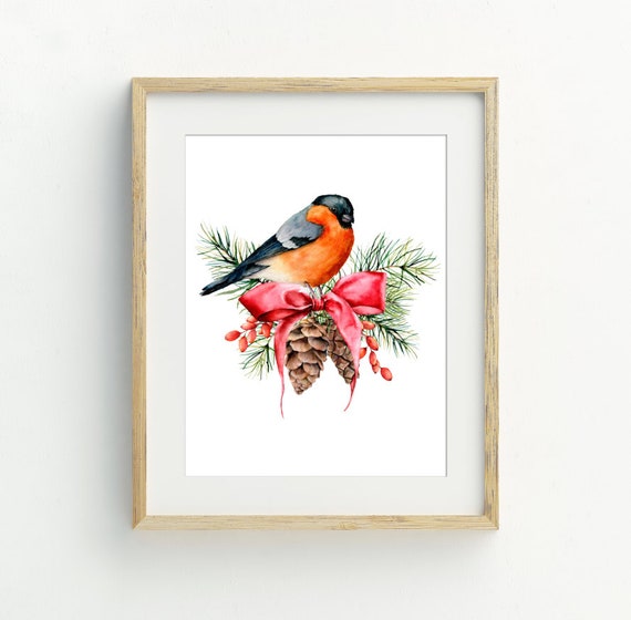 Christmas Finch Art Print, Holiday Bird Wall Art