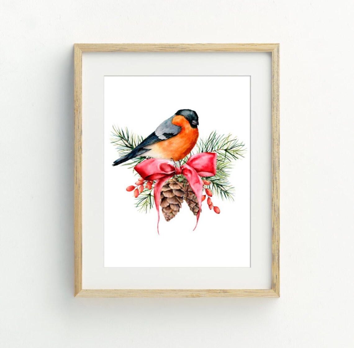 Christmas Finch Art Print, Holiday Bird Wall Art
